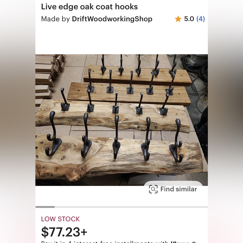 Hand Crafted Natural Live Edge Wood, w/5 Wrought Iron Hooks, & Jute rope.